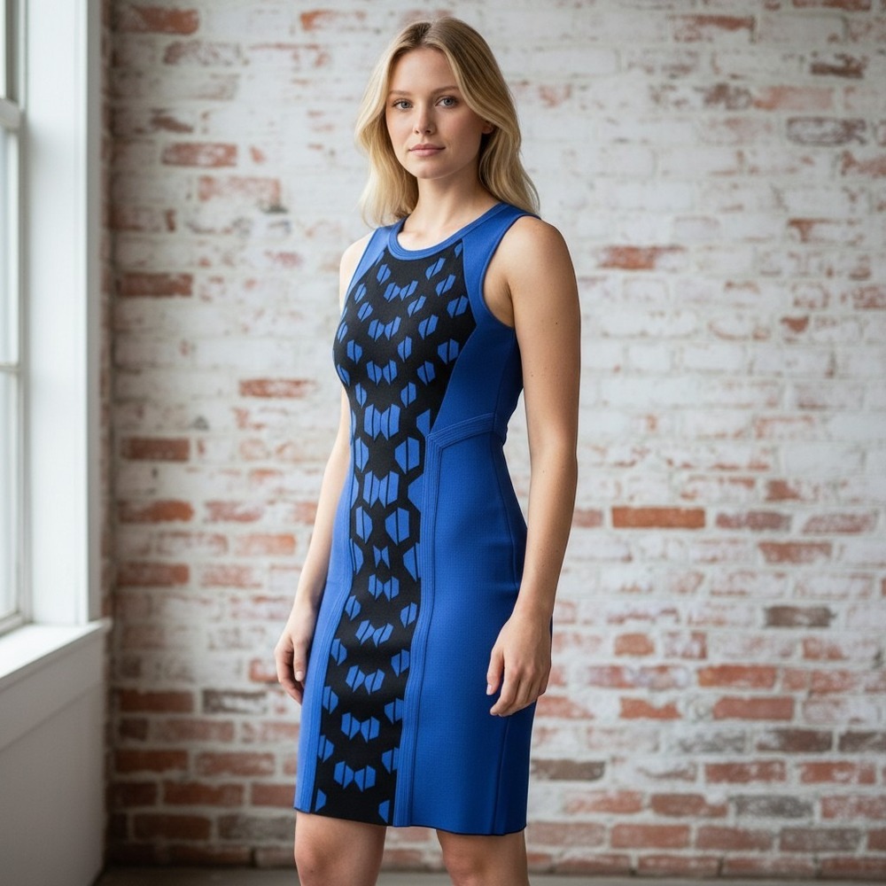 Diane von Furstenberg Dress Womens P Blue Geometric Intarsia Knit Zip Career